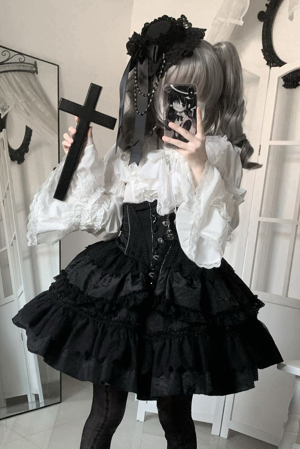 ゴシックフィッシュボーンスカート+シャツ+リボンカラー