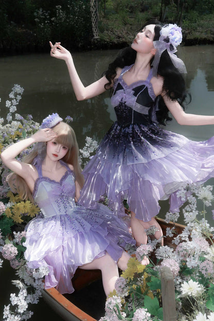 [Pre-order Deadline: June 18] Wisteria Purple Gradient Fairy Lolita Bow Layered JSK Dress + Full Set (Dress + Flower Hat)