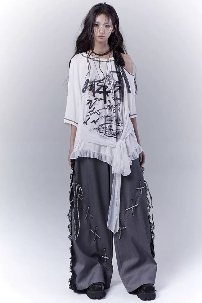 ダークバイカラーシークレットレースパッチワークパンツ