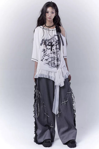 ダークバイカラーシークレットレースパッチワークパンツ