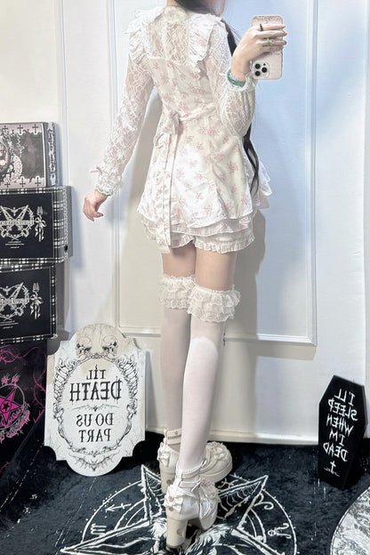 【10月28日予約締切】Pink/White/Black/White 4-Piece Set: Floral Tiered Lace Long-Sleeve Dress + Shorts + Pair of Ribbon Hair Clips + Bow Tie