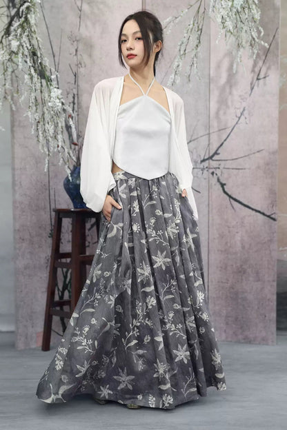 Top floral gris púrpura brumoso + falda