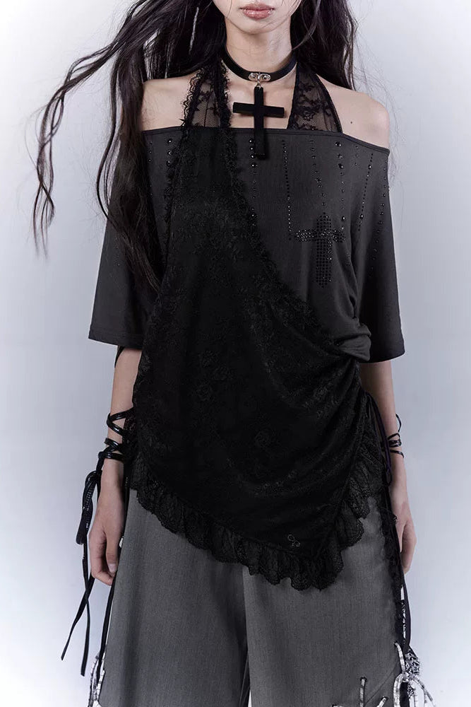 シアーオフショルレースハルタートップス