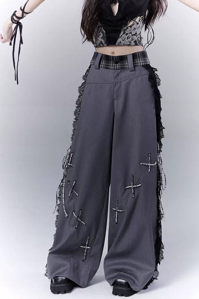 ダークバイカラーシークレットレースパッチワークパンツ