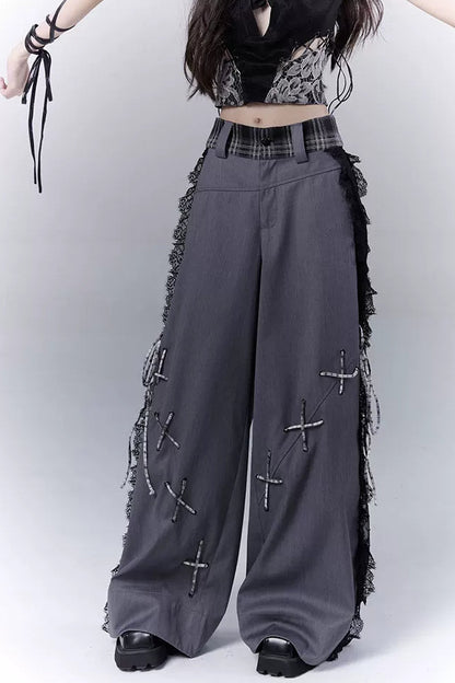 ダークバイカラーシークレットレースパッチワークパンツ