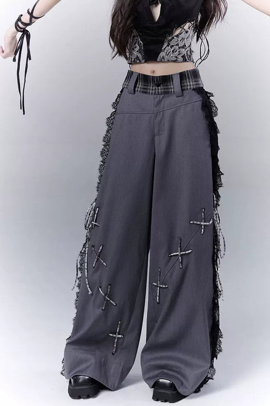 ダークバイカラーシークレットレースパッチワークパンツ