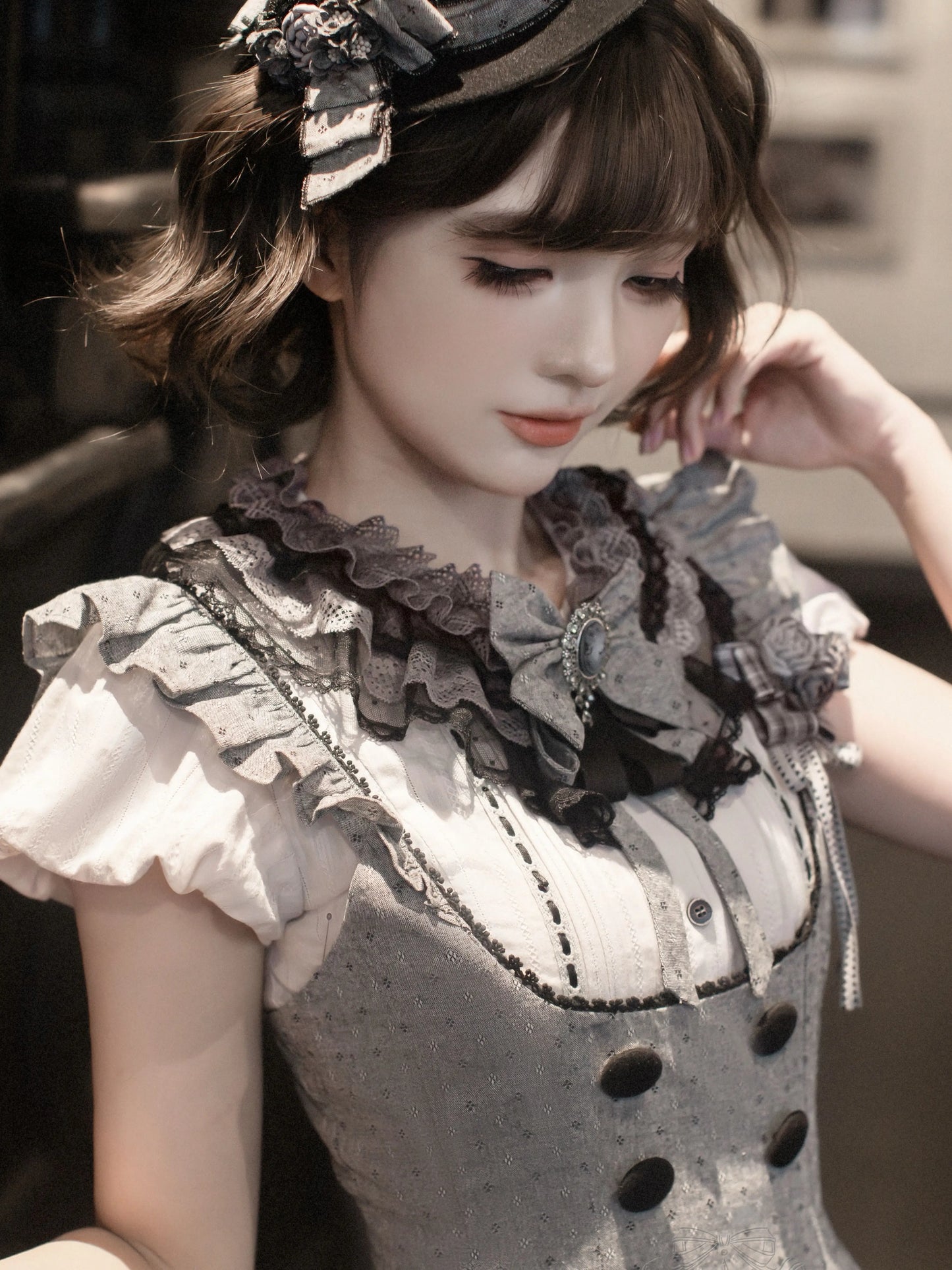 [Pre-order Deadline: May 19] Gray-Black Classic Lolita Top, JSK One-Piece & Bow Tie 3-Piece Ensemble