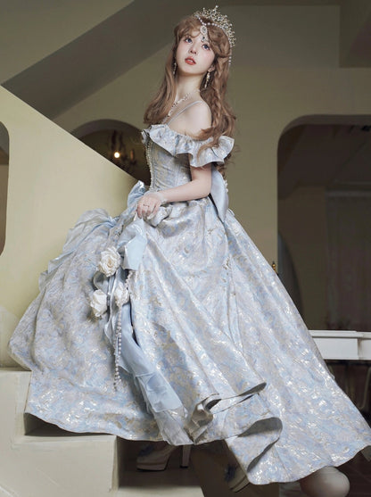 Blue Lolita Flower Wedding Floor Length Gorgeous Dress