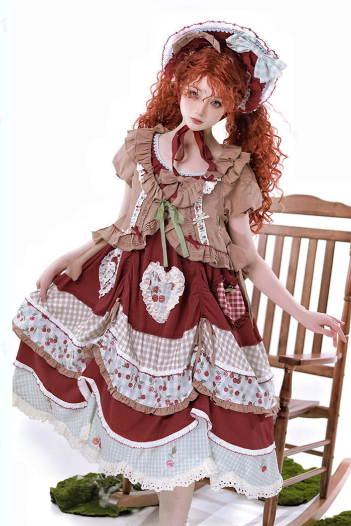 Retro Doll Cherry Check Lolita Dress