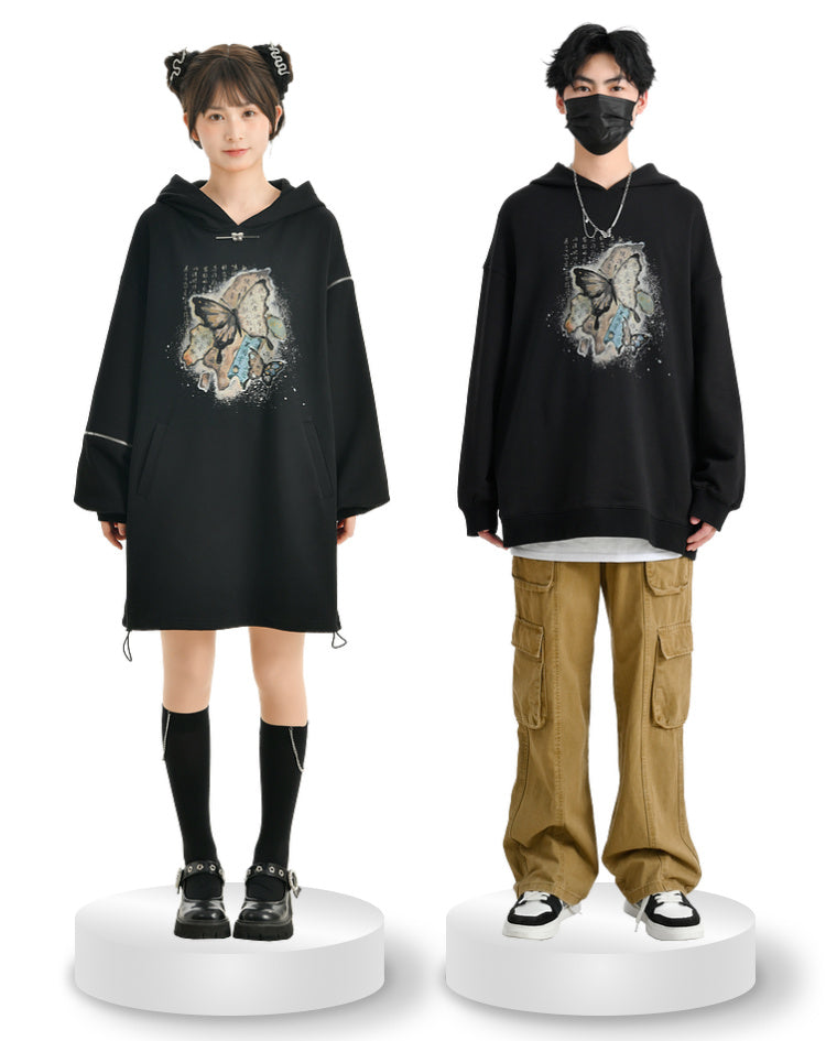 China Butterfly Cropped Sweatshirt + Zip Design Parka Dress + Black Hoodie [Reserved Item].