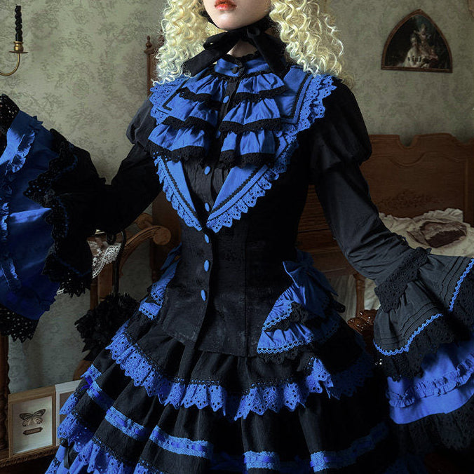 [Vorbestellfrist: 13. Juli] Kleinblaue Gothic-Lolita-Rüschen-Stufenkleid-Komplettset