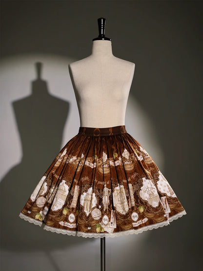 [Pre-order Deadline: November 6] Navy Blue/Brown Classic Italian Travel Diary Lolita Vintage Print Skirt
