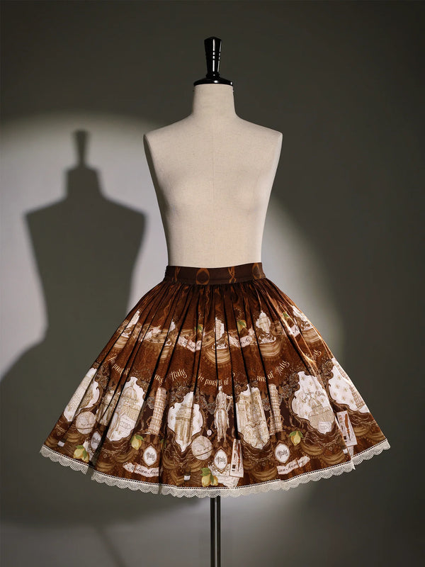 [Pre-order Deadline: November 6] Navy Blue/Brown Classic Italian Travel Diary Lolita Vintage Print Skirt