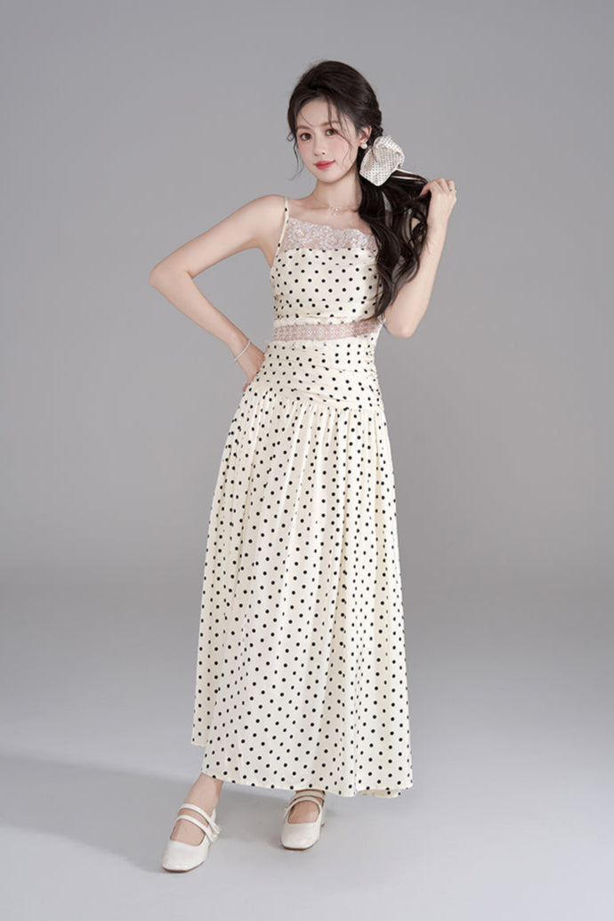 ドットレースフレンチロングキャミソールドレス+ドットシュシュ