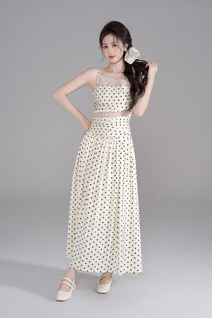 ドットレースフレンチロングキャミソールドレス+ドットシュシュ