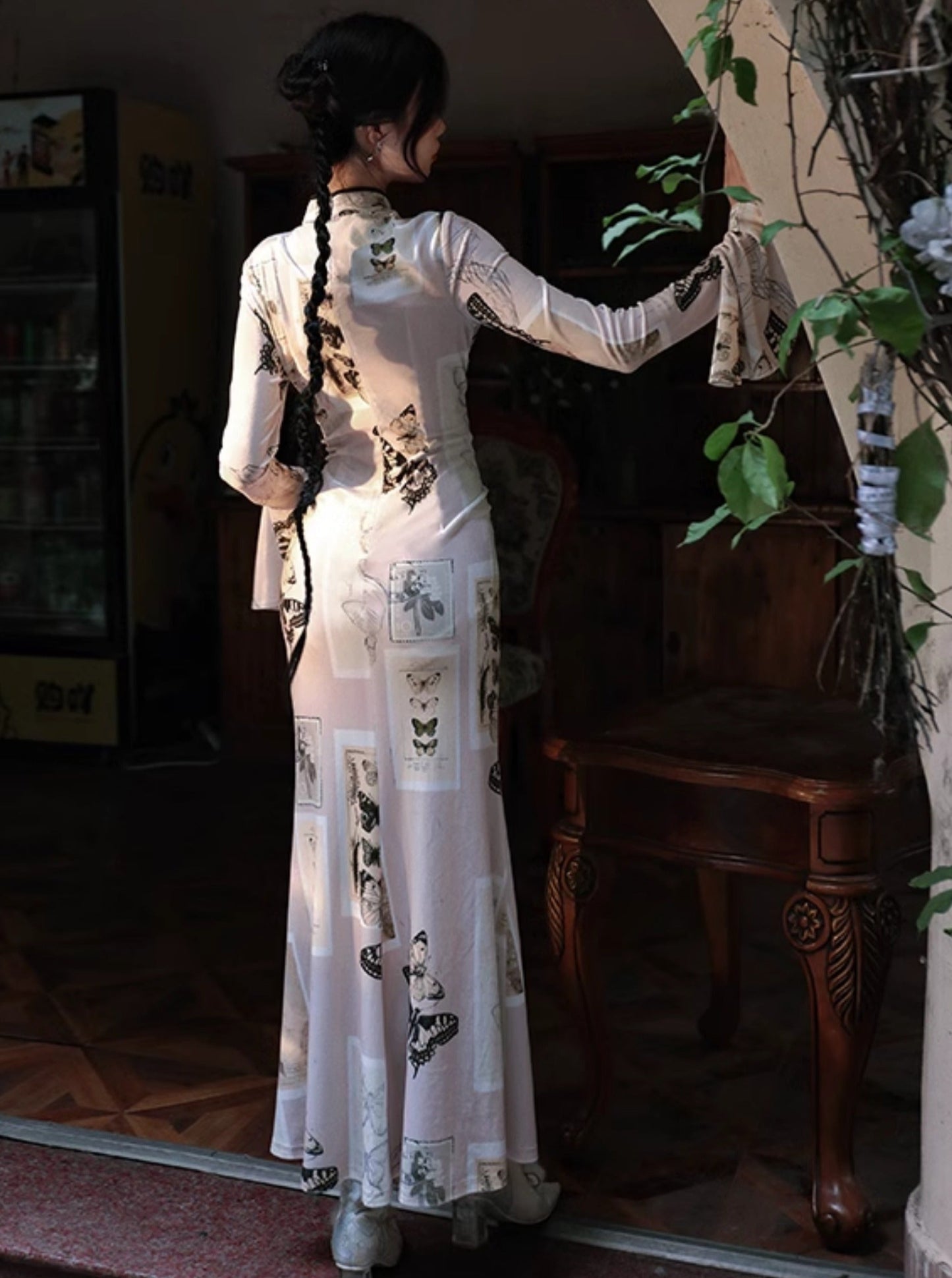 Butterfly Print Velvet Long Dress