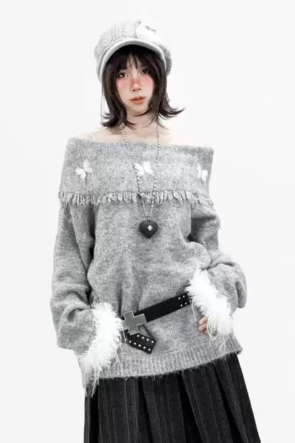Gray Off-Shoulder Bow Sweater