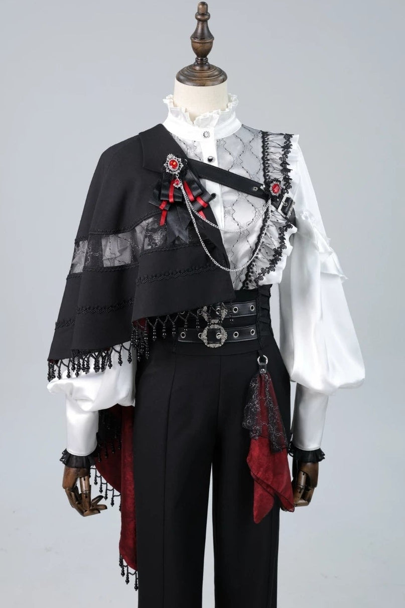 【10月2日予約締切】Gothic Beaded Lace Trim Knight One-Shoulder Cape (With Red Lining) + Jewel Chain Brooch