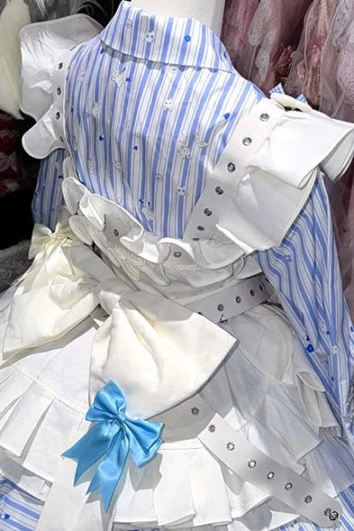 【11月5日予約締切】Blue White Striped Medical Lolita Nurse Sickly Kawaii Dress Suit Full Set (Shirt + Skirt + Apron + Back Ribbon + Leg Covers)
