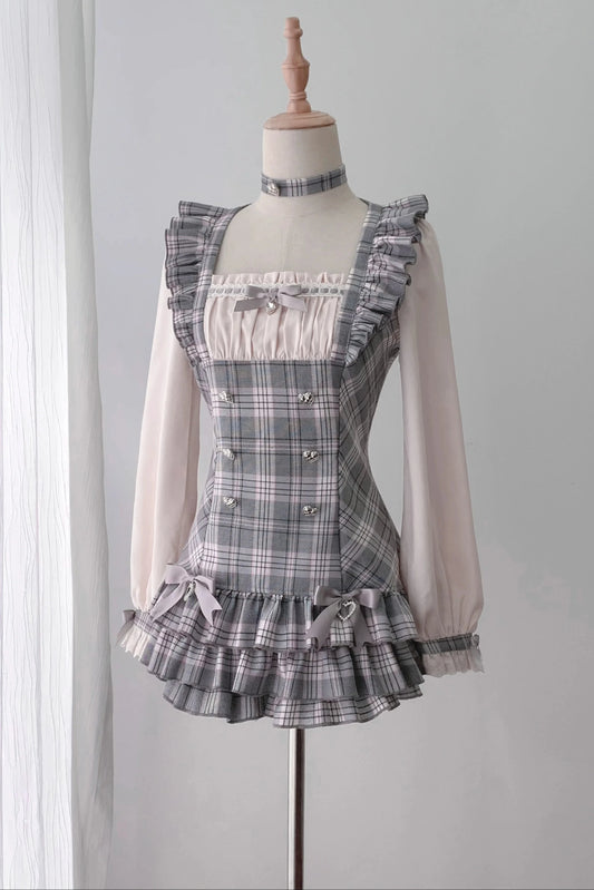 [Pre-order Deadline: October 30] Pink Gray Plaid Frill Ribbon Long-Sleeve Mini Dress Set + Choker