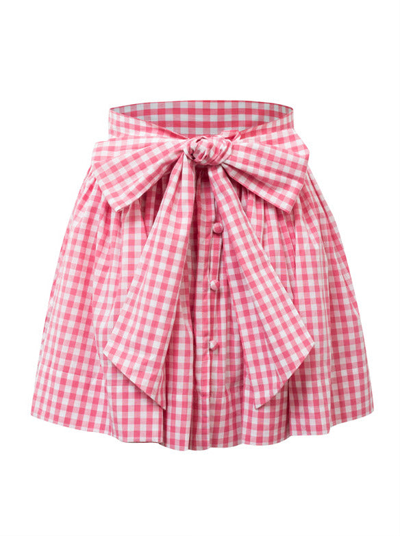 Peach Pink Grid Sweet Sous Vide Chest Top Skirt Pants Dress Set Up