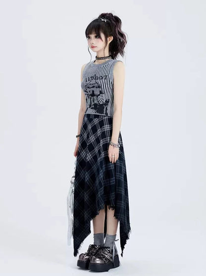 Gradient Check Middle Skirt