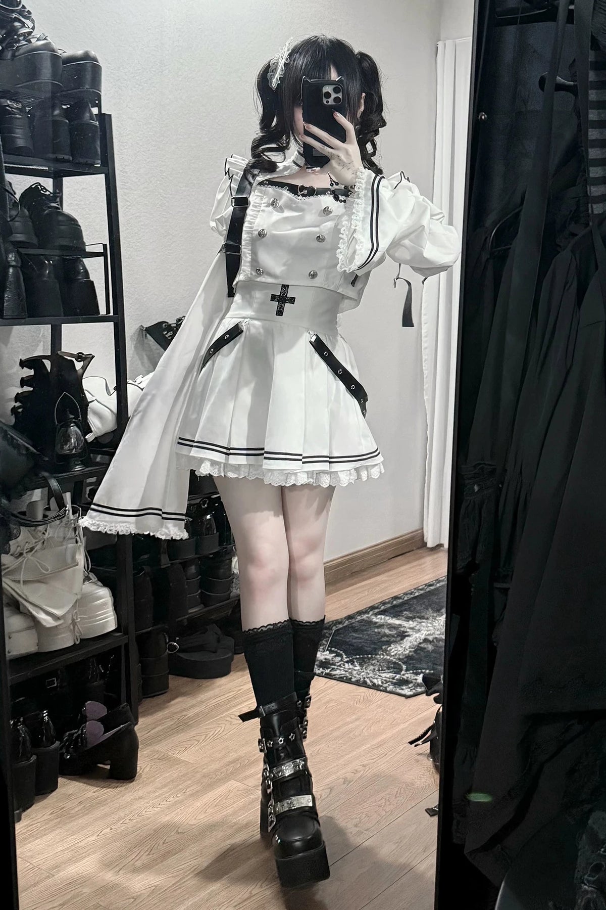 [Pre-order Deadline: November 15] White and Black Gothic Choker-Neck Bell-Sleeve Frilled Crop Top with Buckle Strap + Medical Cross Strap Skirt