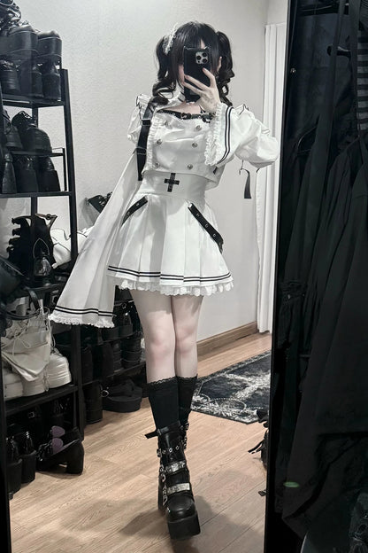 [Pre-order Deadline: November 15] White and Black Gothic Choker-Neck Bell-Sleeve Frilled Crop Top with Buckle Strap + Medical Cross Strap Skirt