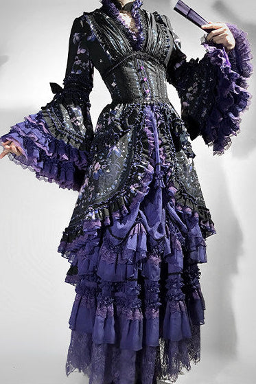 【9月13日予約締切】Purple/Dark Purple Gothic Lolita Elegant Iris Dress Top & Bustier & Skirt Set 1/2+ Full Set