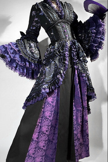 【9月13日予約締切】Purple Floral Print High-Low Hem Gothic Lolita Bell Sleeve Layered Ruffle Dress Top