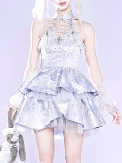 Y2K Virtual Track Chain Holter Tulle Layered Dress