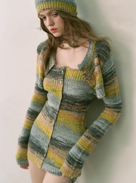 Multicolor Round Neck Slim Knit Short Cardigan Jacket Tight Breasted Tube Top Skirt Suit