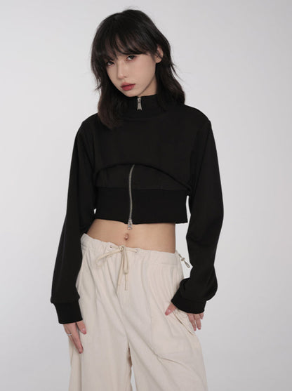 Faux two-piece short stand collar sweatshirt