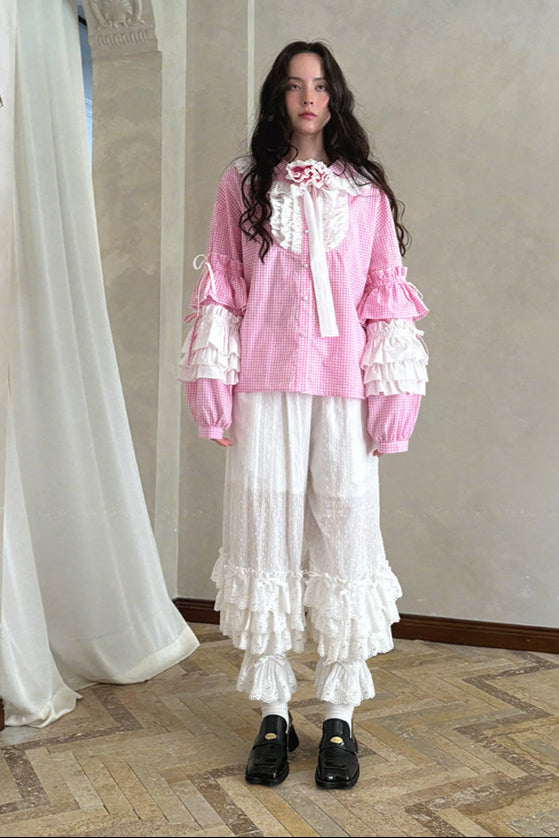 Camisa de patchwork con cuadrícula rosa muñeca