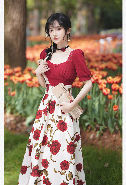 Square Color Lace Top + Rose Design Long Skirt