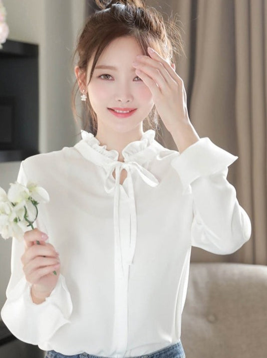 トランペットスリーブスリムホワイトシャツ