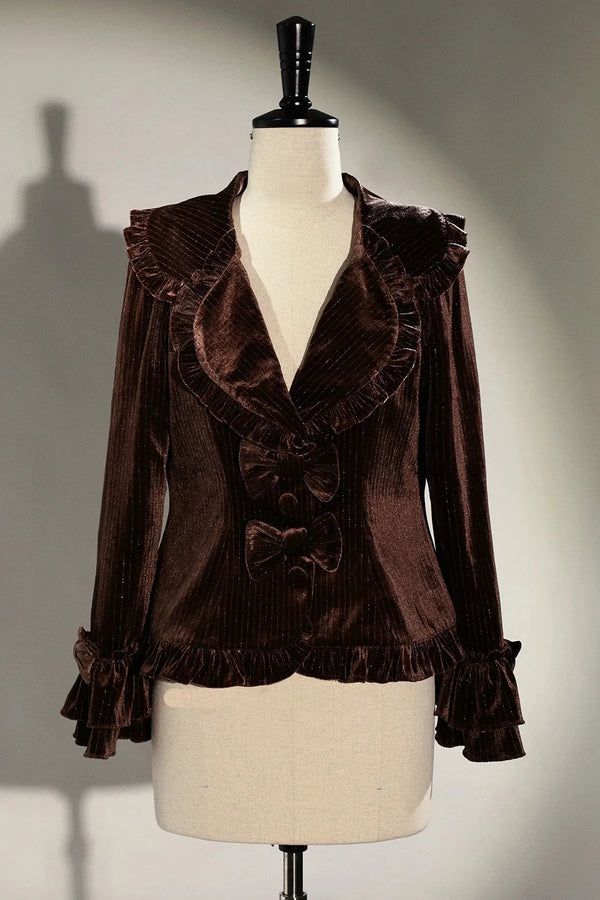 [Reservation Deadline: November 6] Navy Blue/Brown Classic Italian Travel Diary Lolita Silver Thread Velvet Stripe Ribbon Frill Jacket