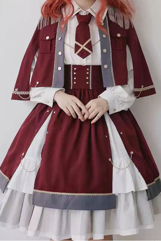 Military Style Cape Jacket + Ruffled Blouse with Tie + Waist Marked Split Layered Skirt