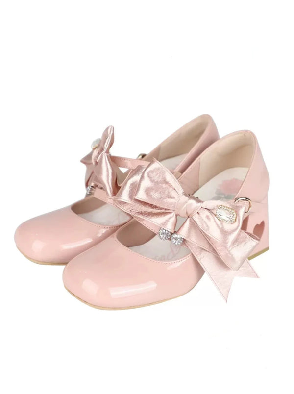 Ribbon Open Heart High Heel Lolita Shoes [Jewel Ribbon, Normal Ribbon].