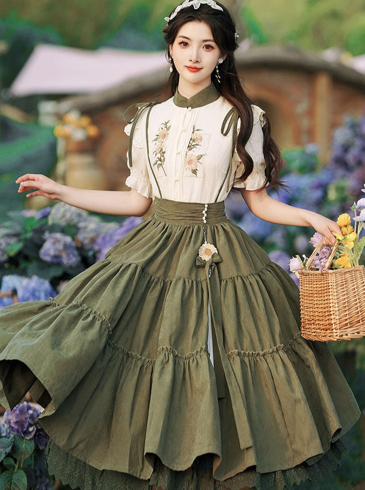 Dark Green Sass Skirt + Flower Blouse