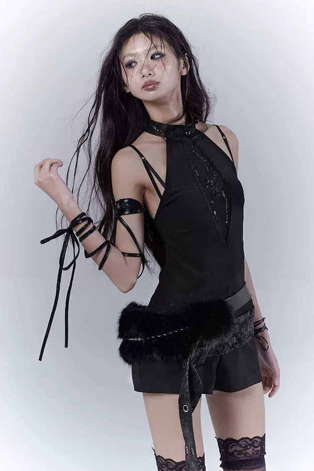 ダークモードノースリーブトップス+インナー+ベルト