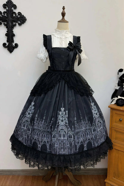 【10月13日予約締切】Gothic Lolita Black White Cathedral Print Lace Trim JSK Dress + Full Dress Set (Detachable Sleeved Shirt, Mini Hat, Apron, Brooch)