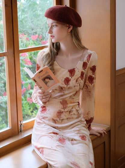 French Retro Rose Print Velvet Dress