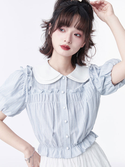 Doll color ribbon shoulder layered taste shirt