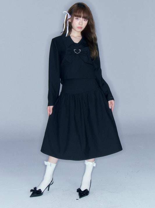 Metal Love Buckle Pure Black Jacket + Flared Skirt