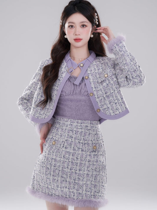 트위드 쇼트 코트 + 트위드 스커트 + 슬림한 상의