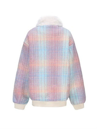 Niche Design Colorful Splicing Loose Lamb Wool Cotton Coat