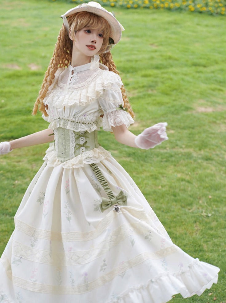 Elegant Print Op Fishbone Girdle Summer Lolita Dress + Corset
