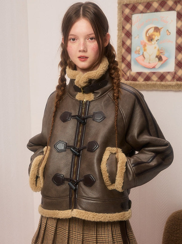 ファーレザープラスベルベットブラウンレザーオートバイジャケット