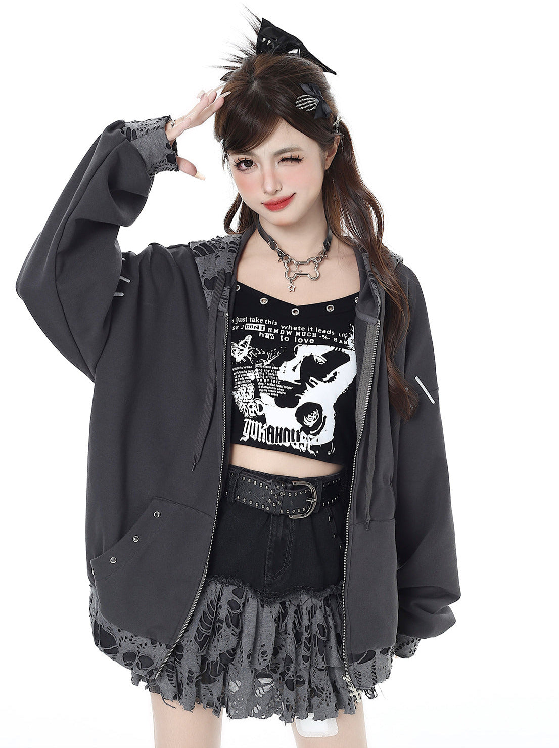 Cat Ear Subculture Sweet Cool Broken Hole Loose Hoodie Jacket